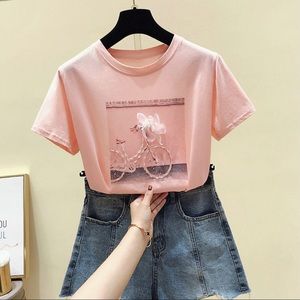 Pink Peach Beaded Bike Print Tee Youth Medium /NEW